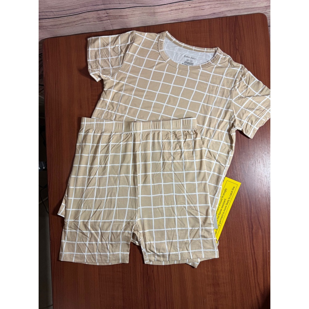 Forever French Kids Bamboo Short Pajama Set Tan White Grid 10-12Y New